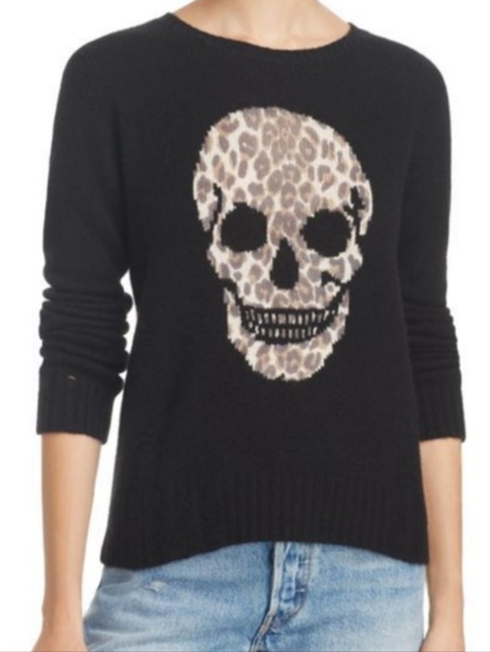 Aqua distressed cashmere skull sweater.